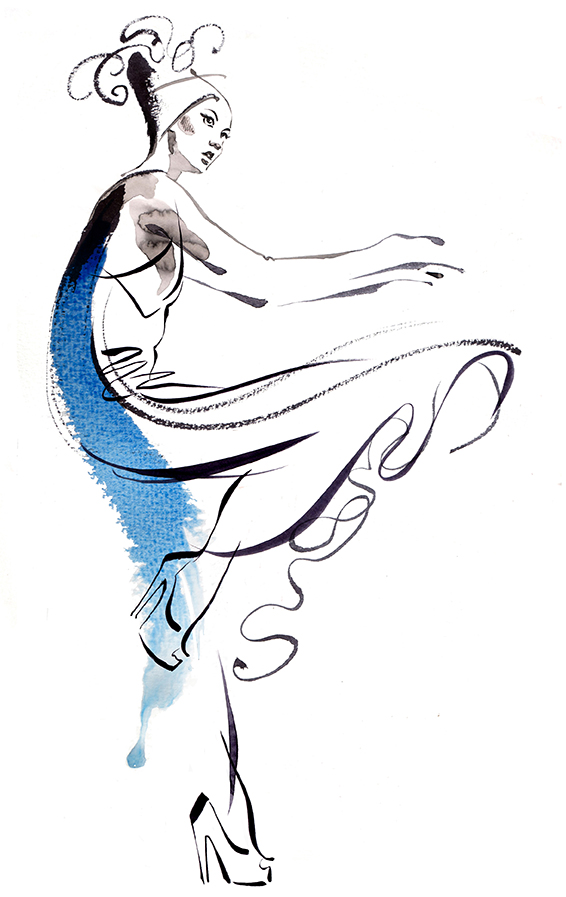 Pen and ink fashion drawing by Kathy Wyatt where 'Fashion meets Dance'
