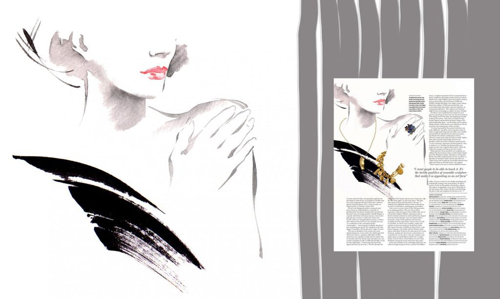 Illustration Fashion&Beauty FinancialTimes 'WearableSculpture'p2 Couture Jewellery Charcoal Ink