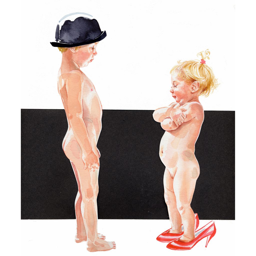 Illustration Figurative Children Babies Toddler Dressing Up Watercolour