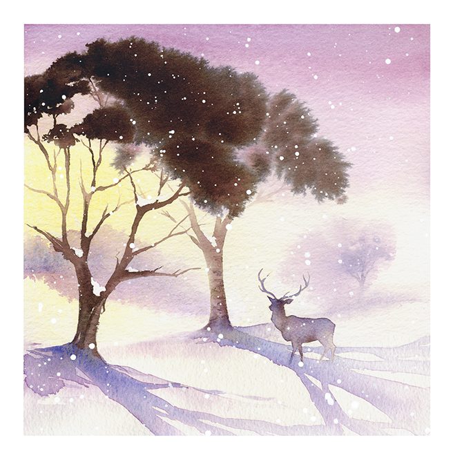 Illustration Scenic Fab Design Deer Park Snow Winter Christmas Xmas Watercolour